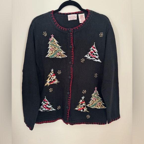 Basic Editions Sweaters - Vintage Basic Editions Christmas Sweater Women’s XL Black Embroidered Trees